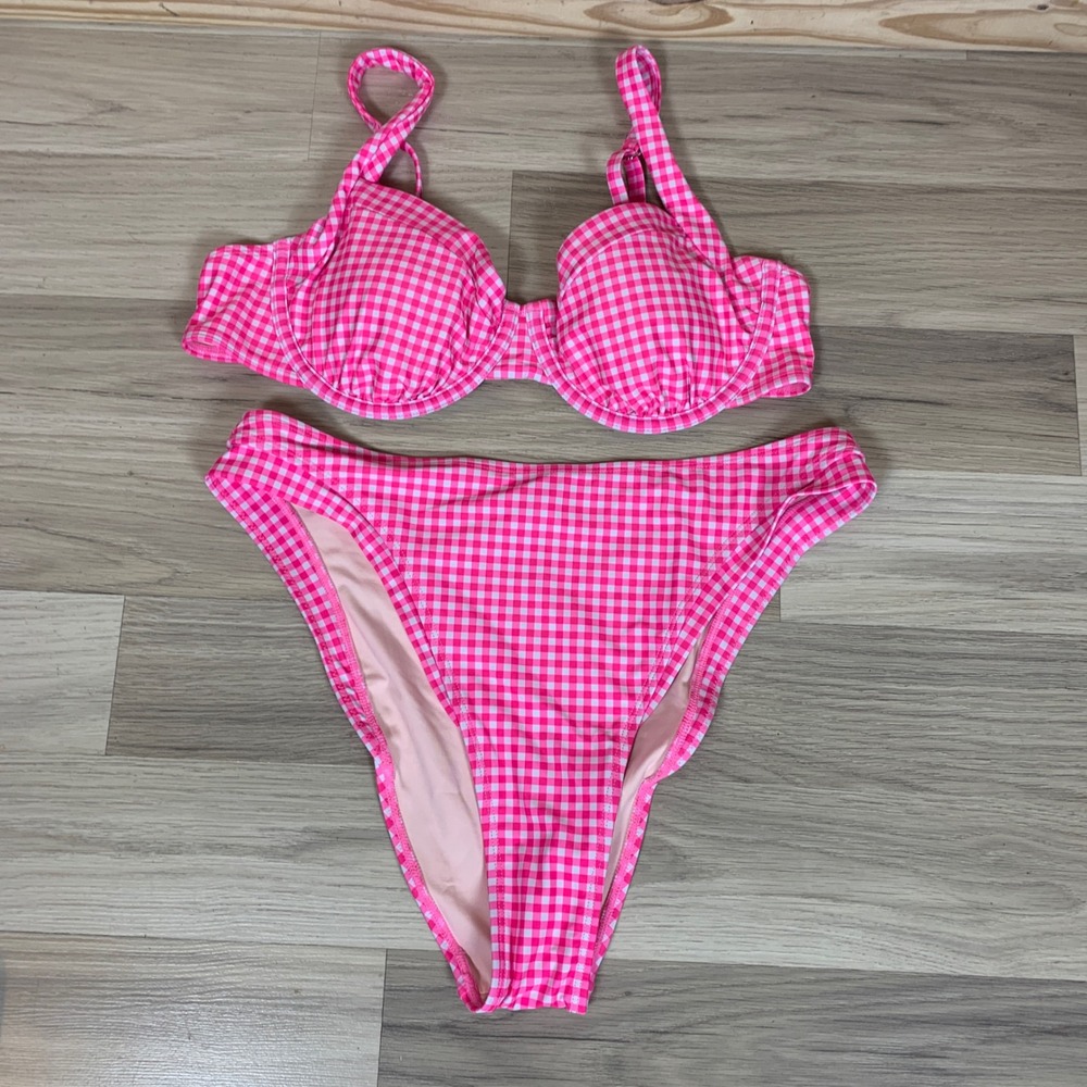SUUKSESS Bikini Womens‎ Large Pink Gingham Underwire High Cut Retro Swimsuit